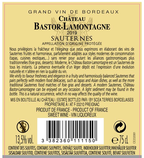 CHATEAU BASTOR-LAMONTAGNE AOP SAUTERNES